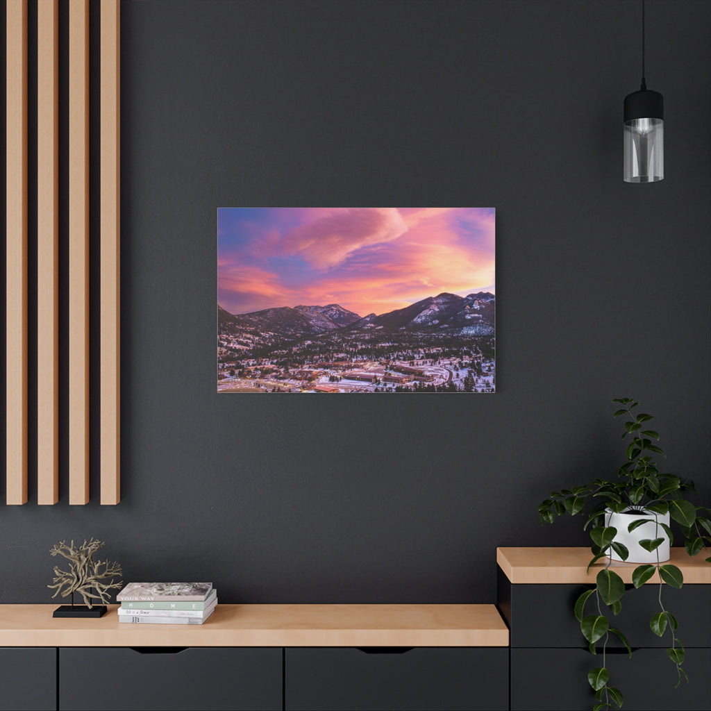 Winter Glow Over Estes Park Center Matte Canvas Art Print | Wall Decor, Stretched Canvas, Landscape Art, Gift for Nature Lovers, Home Decoration