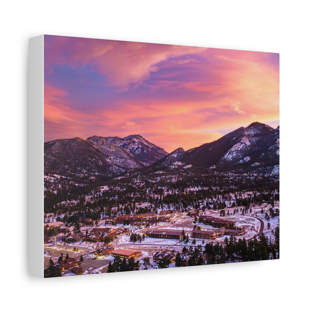Winter Glow Over Estes Park Center Matte Canvas Art Print | Wall Decor, Stretched Canvas, Landscape Art, Gift for Nature Lovers, Home Decoration