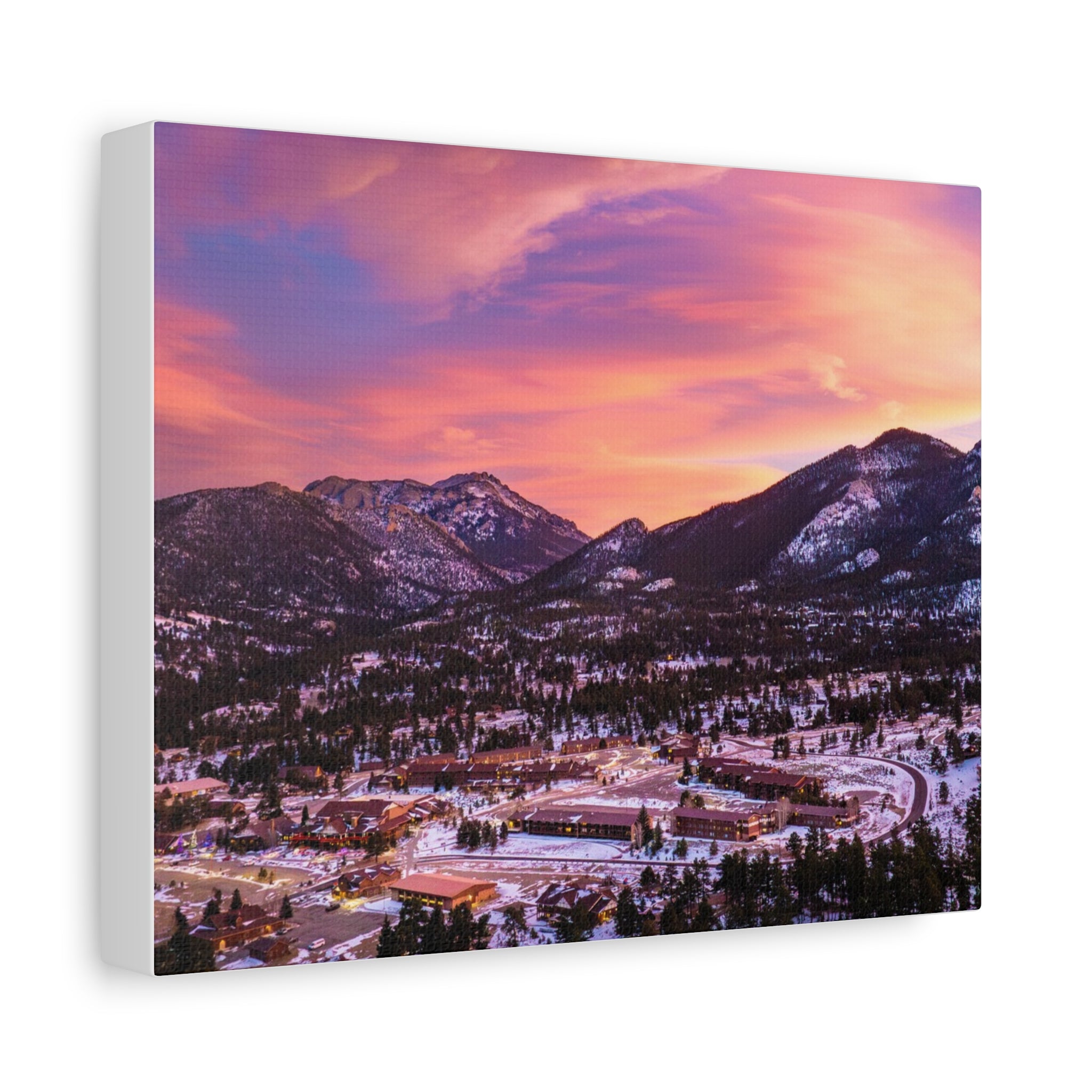 Winter Glow Over Estes Park Center Matte Canvas Art Print | Wall Decor, Stretched Canvas, Landscape Art, Gift for Nature Lovers, Home Decoration