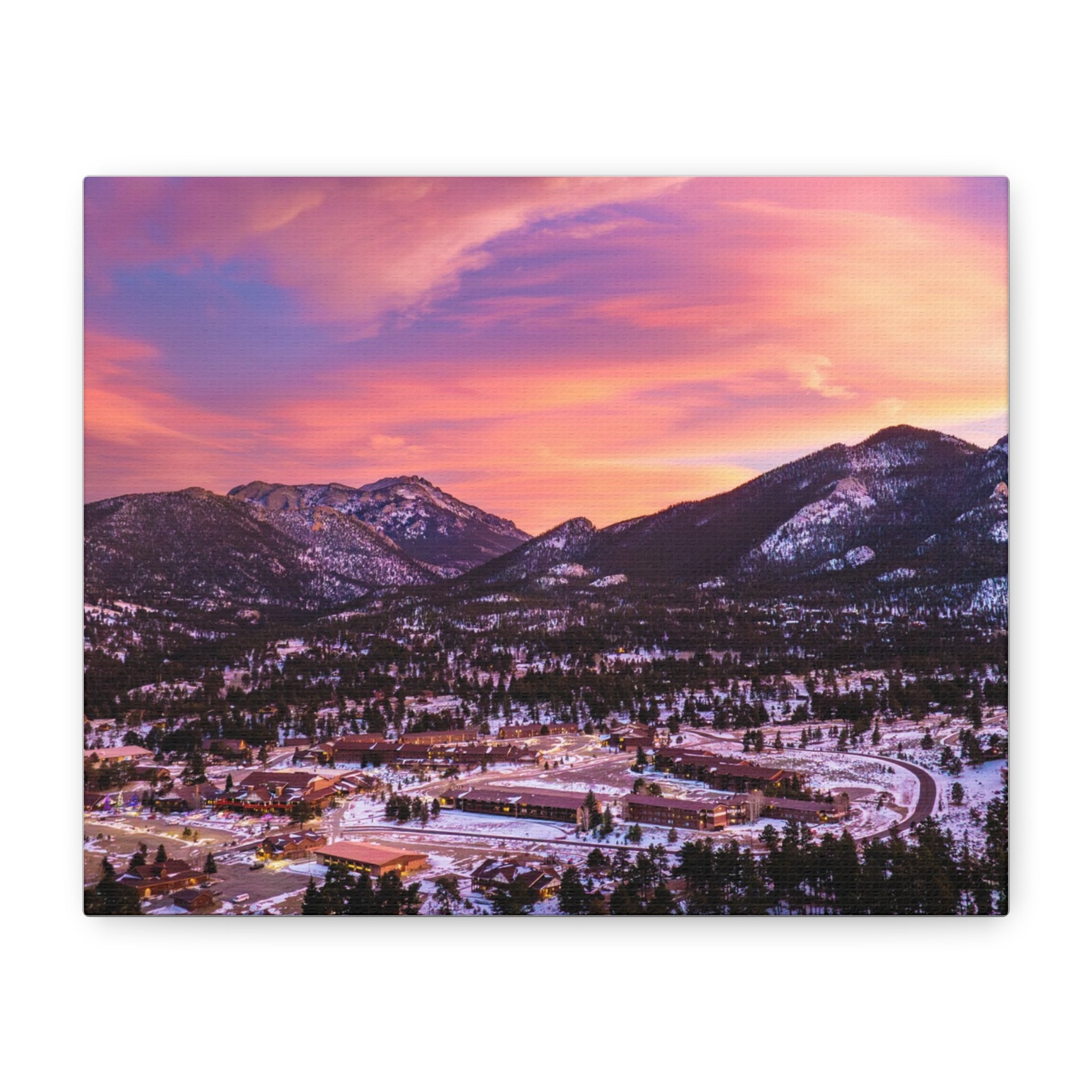 Winter Glow Over Estes Park Center Matte Canvas Art Print | Wall Decor, Stretched Canvas, Landscape Art, Gift for Nature Lovers, Home Decoration