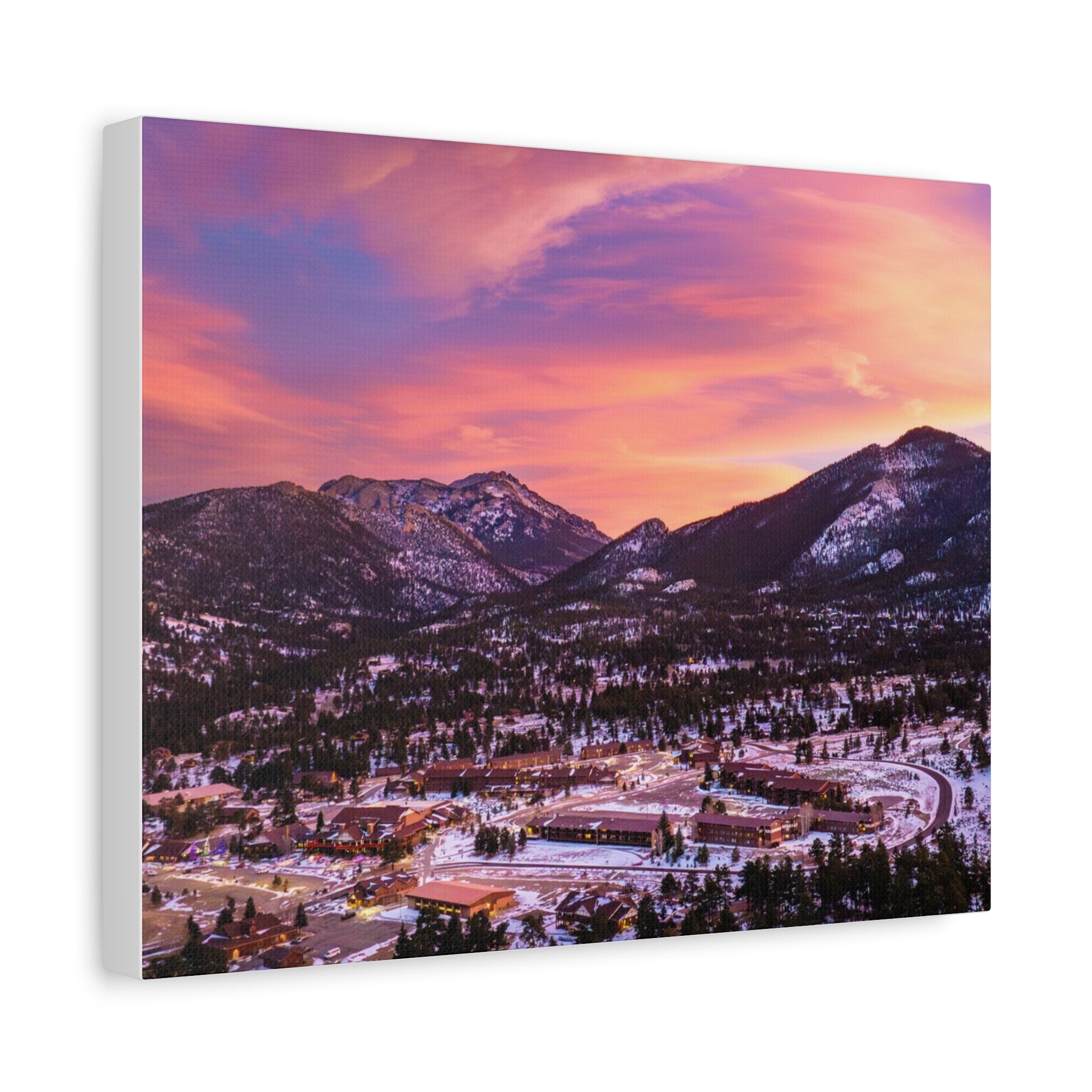 Winter Glow Over Estes Park Center Matte Canvas Art Print | Wall Decor, Stretched Canvas, Landscape Art, Gift for Nature Lovers, Home Decoration