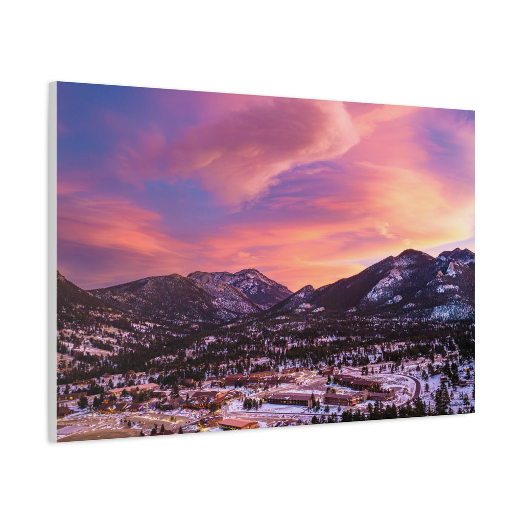 Winter Glow Over Estes Park Center Matte Canvas Art Print | Wall Decor, Stretched Canvas, Landscape Art, Gift for Nature Lovers, Home Decoration