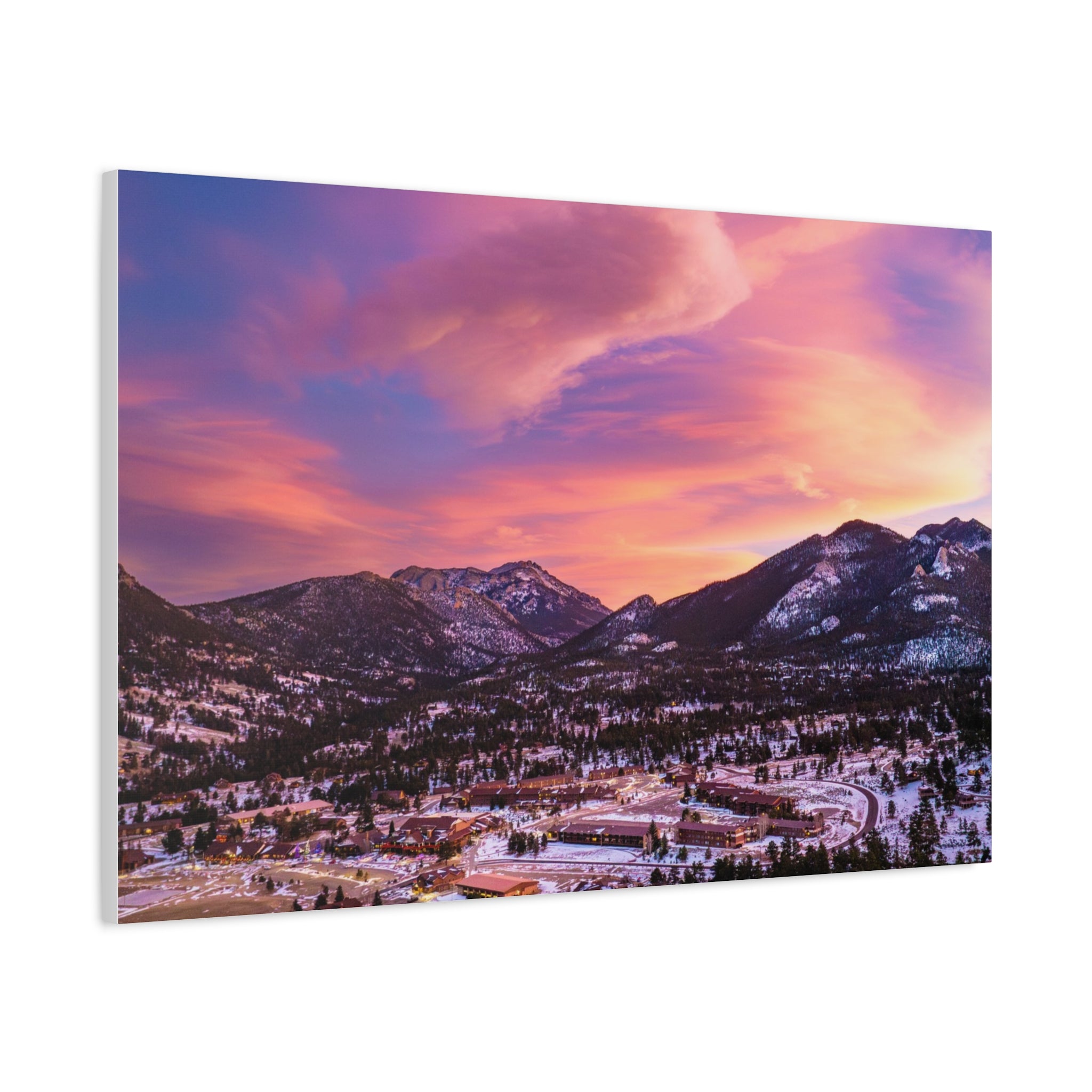 Winter Glow Over Estes Park Center Matte Canvas Art Print | Wall Decor, Stretched Canvas, Landscape Art, Gift for Nature Lovers, Home Decoration