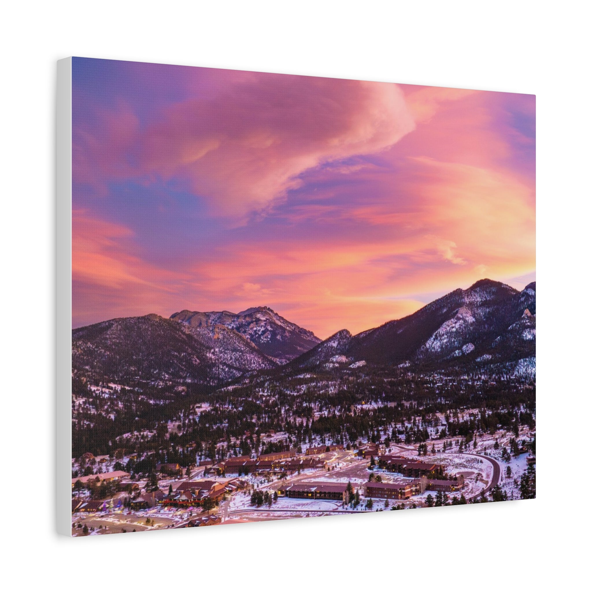 Winter Glow Over Estes Park Center Matte Canvas Art Print | Wall Decor, Stretched Canvas, Landscape Art, Gift for Nature Lovers, Home Decoration
