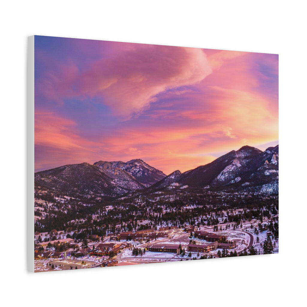 Winter Glow Over Estes Park Center Matte Canvas Art Print | Wall Decor, Stretched Canvas, Landscape Art, Gift for Nature Lovers, Home Decoration